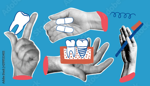 Set of retro collage elements with dental implant procedure, healthy tooth crown, medical pills capsule and toothbrush. 