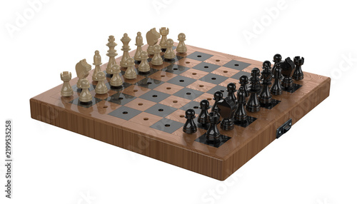 Portable travel chess set with compact board and magnetic pieces, designed for convenience and strategy on the go, durable and lightweight for easy play anywhere. 3D Render.
