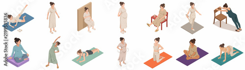 Isometric Set of Pregnant Women Performing Prenatal Yoga and Fitness Exercises for Health