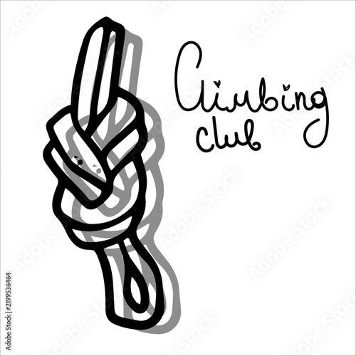 Climbing equipment and accessories hand-drawn illustrations elements of rock climbing including, gear knot figure-eight knot 