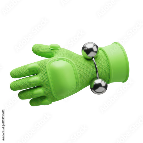 Bright green protective glove with metal ball weights