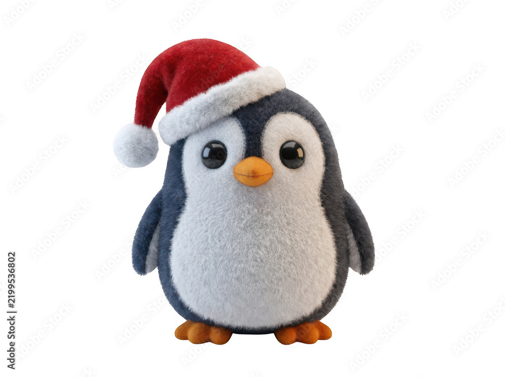 Fototapeta premium Cute fluffy baby penguin wearing a red christmas santa hat isolated on transparent background