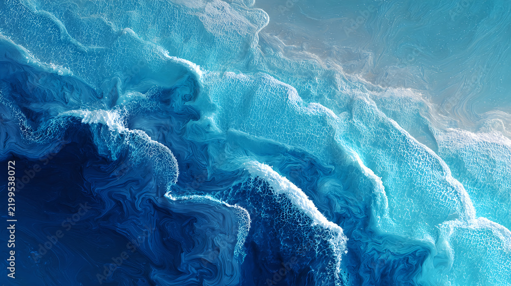 Obraz premium Pure blue Ocean water waves with light reflections at Slow motion, Powerful storm on the sea. Aerial view of a rough sea with high waves and sea foam washing onto a sandy beach.