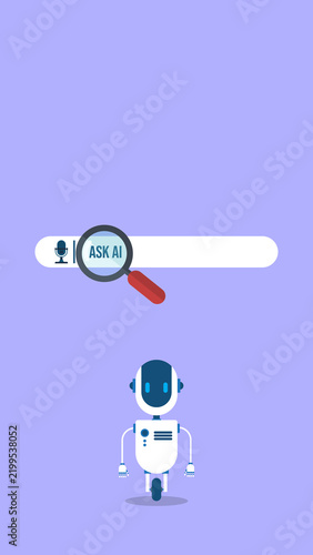 AI chatbot robot assistant with message bubbles and AI mode interface for online technology, artificial intelligence, and future communication concept.