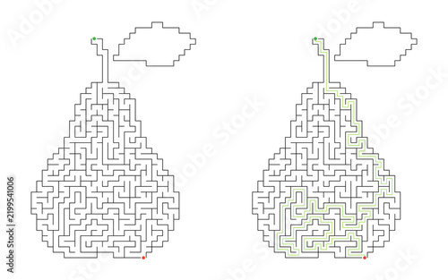 Obraz na płótnie Pear shaped labyrinth puzzle with stem and leaf featuring green solved path from