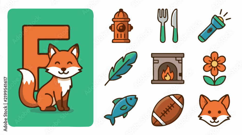 Fototapeta premium Flat design icon set with alphabet letter F and fox, fire, flower, fish, football, fork, flashlight, and fire hydrant