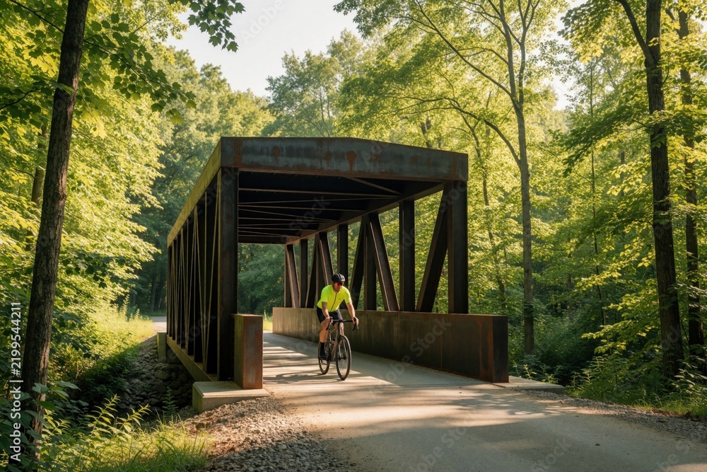 Fototapeta premium Man cycles on gravel path crossing metal bridge. Lush green forest surrounds outdoor recreation trail. Sunlight filters through trees, creating dappled shadows on path.
