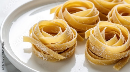 Freshly coiled nests of Italian tagliatelle presented on a glossy white plate. Close-up view of uncooked pasta nests, ready for cooking a delicious meal.