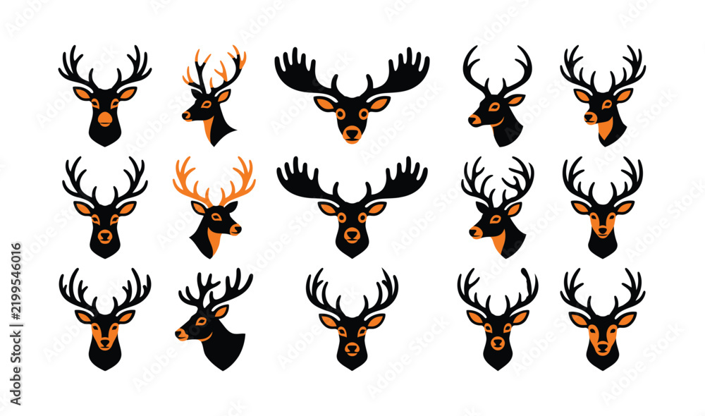 Fototapeta premium Set of deer head icons with antlers in black and orange