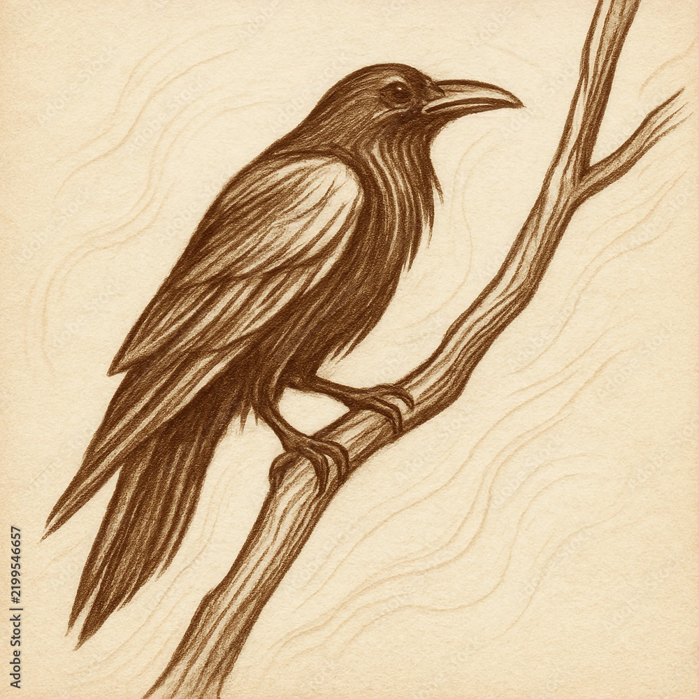 Obraz premium Raven perched on a bare branch with glossy feathers and a heavy beak, drawn in brown sepia chalk