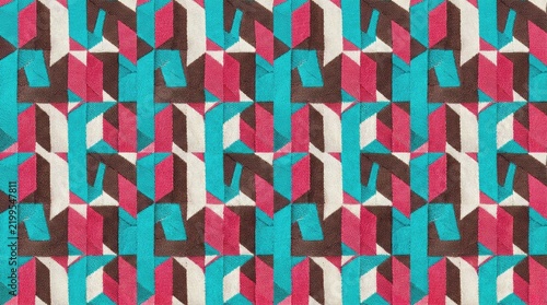Geometric textile pattern with vibrant teal pink and brown shapes