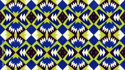 Geometric tribal pattern with blue lime and white diamond shapes