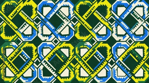 Geometric tribal pattern with interlocking blue yellow and green shapes
