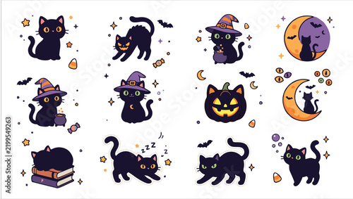 Cute Halloween Black Cat Vector Sticker Sheet with Witch Cats, Moon Silhouettes, Pumpkin Cats, Spooky Eyes and Mysterious Poses