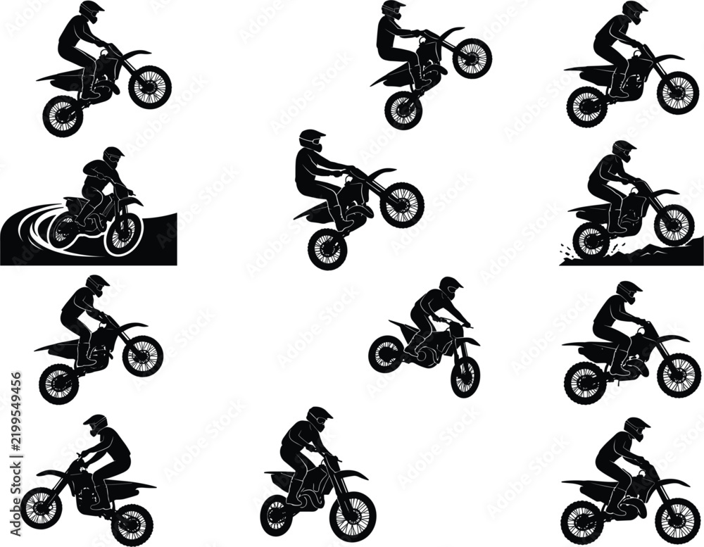 Fototapeta premium Motocross rider silhouettes collection of extreme dirt bike stunt jumps on white background