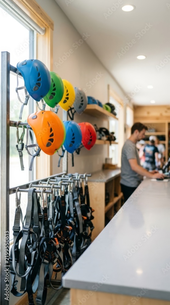 Fototapeta premium Bright retail space with colorful safety helmets and harnesses for rent, offering ample copy space for advertising