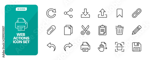 Web actions line icon set with reload, share, print, save, download, upload, bookmark, copy, delete, scan, and related symbols