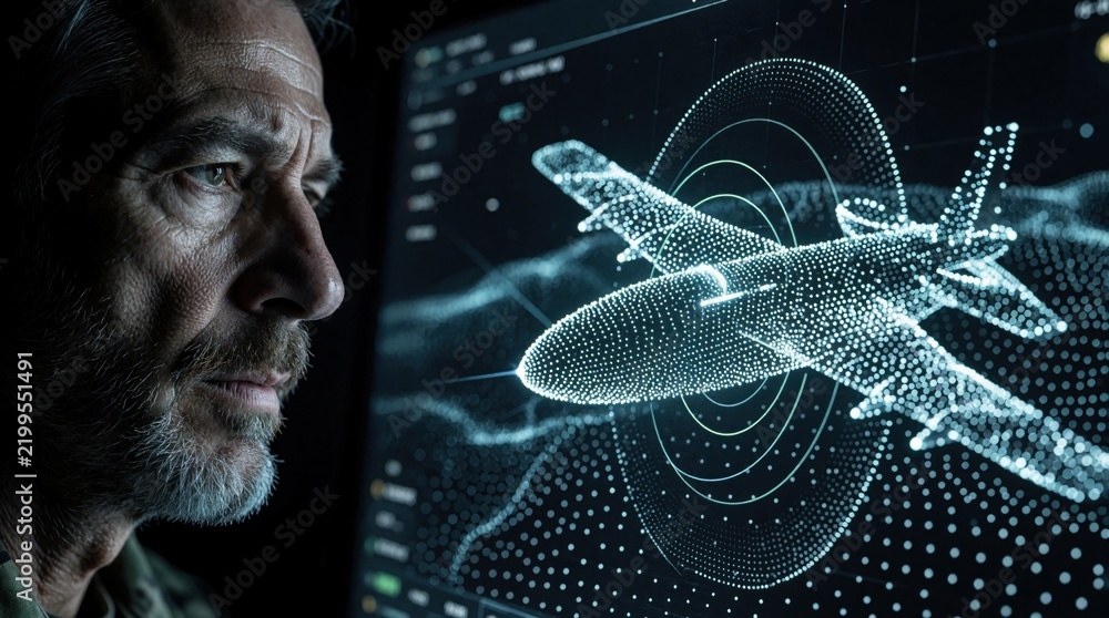 Obraz premium Serious man studies digital aircraft schematic on screen. Analyst examines 3D model, tracking data, and flight paths. Military computer interface shows global surveillance and intelligence.