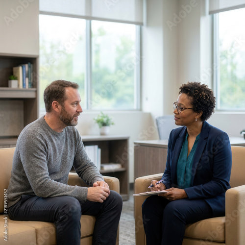 Therapy Session Between Man And Woman In Modern Office Setting