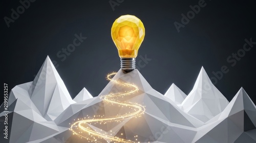 Bright lightbulb atop a mountain peak represents success, creative thought, and new concept realization.
