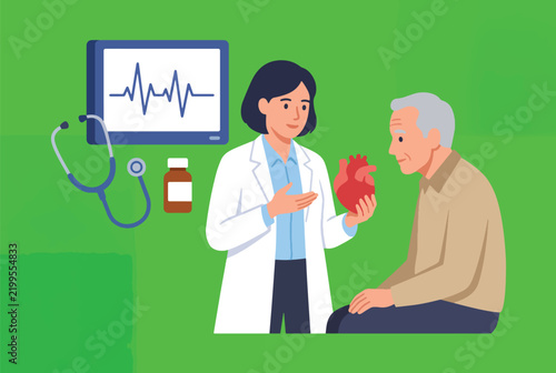 Female doctor explains heart health to elderly patient illustration