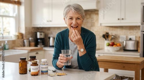 Senior Woman Taking Multivitamin In Bright Kitchen