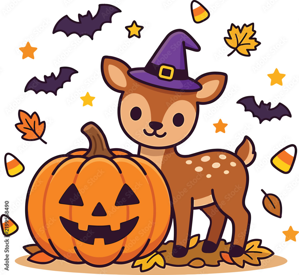 Fototapeta premium Adorable deer in a witch hat with a jack o' lantern for a spooky and cute halloween design