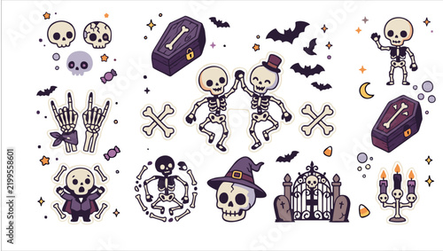 Playful Halloween Skeleton Vector Sticker Sheet with Dancing Skeletons, Skulls, Bones, Skeleton Hands, Coffins and Cemetery Elements