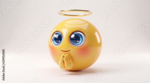A cute, blushing yellow emoji with big blue eyes and a golden halo is shown with hands clasped in prayer.
