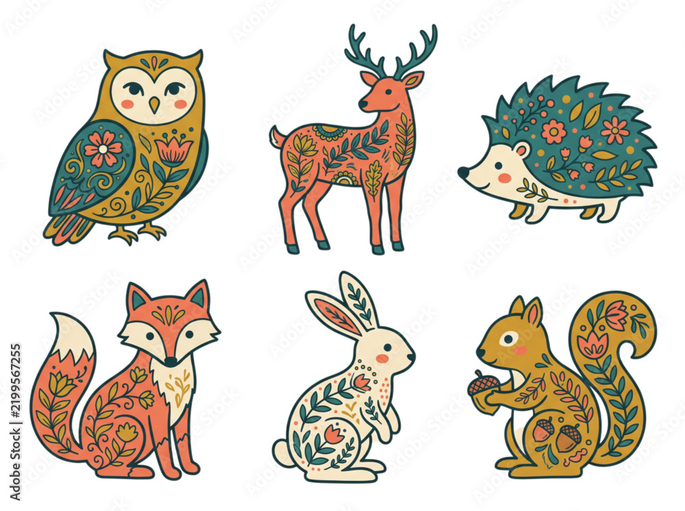 Obraz premium Folk Art Woodland Animals Vector Illustration Set with Floral Ornament