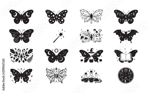 Butterflies and mystical symbols in gothic and celestial designs.