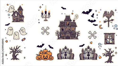Halloween Haunted House Vector Sticker Sheet with Haunted Mansions, Crooked Windows, Ghosts, Bats, Pumpkins, Cemetery Gates and Spooky Trees