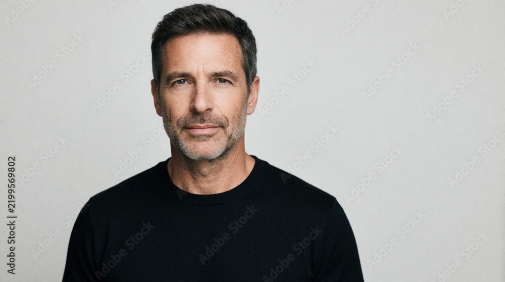 Obraz premium Mature caucasian man with short hair, grey stubble looks at camera. Serious middle aged male wears black shirt in studio. Portrait of confident adult guy with calm expression on plain light