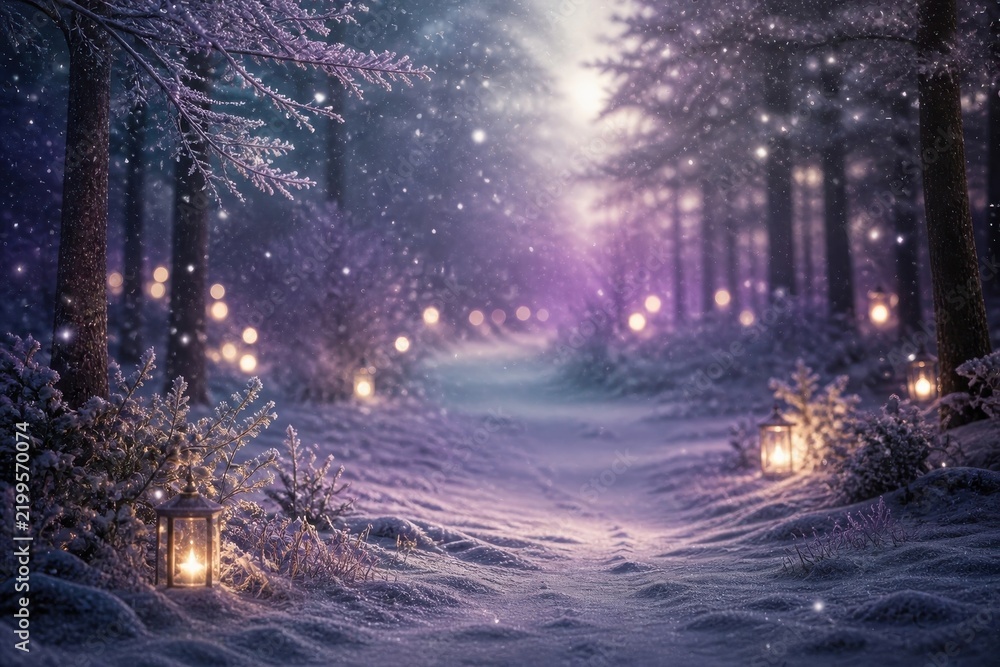 Fototapeta premium Dreamy winter forest path glowing with lantern light
