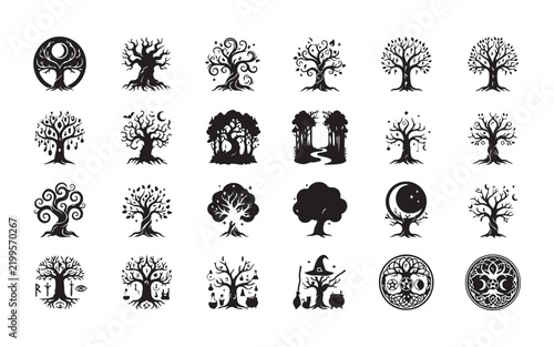Mystic black tree silhouettes collection featuring celtic knots and moon symbols for pagan designs.