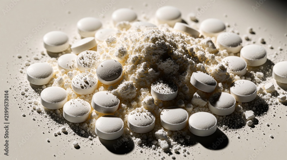 Fototapeta premium Pile of white pills, broken tablets with fine powder on light background. Pharmaceutical medication scattered on surface. Drug substance, medical capsules, crushed supplement, chemical ingredients