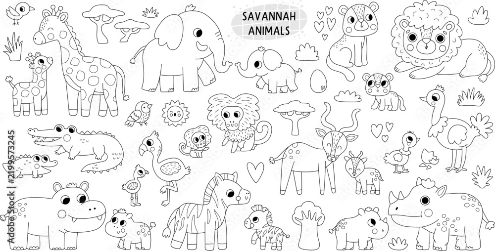 Fototapeta premium Big black and white safari mother and baby animals and birds for kid. Vector African animal family set. Line savanna pack with lion, elephant, zebra, giraffe. Savannah wildlife coloring page