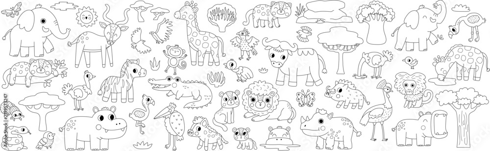 Obraz premium Big safari animals set for kids. Vector black and white African birds, trees, plants collection. Line savanna pack. Cute lion, elephant, zebra, giraffe clipart. Savannah wildlife coloring page