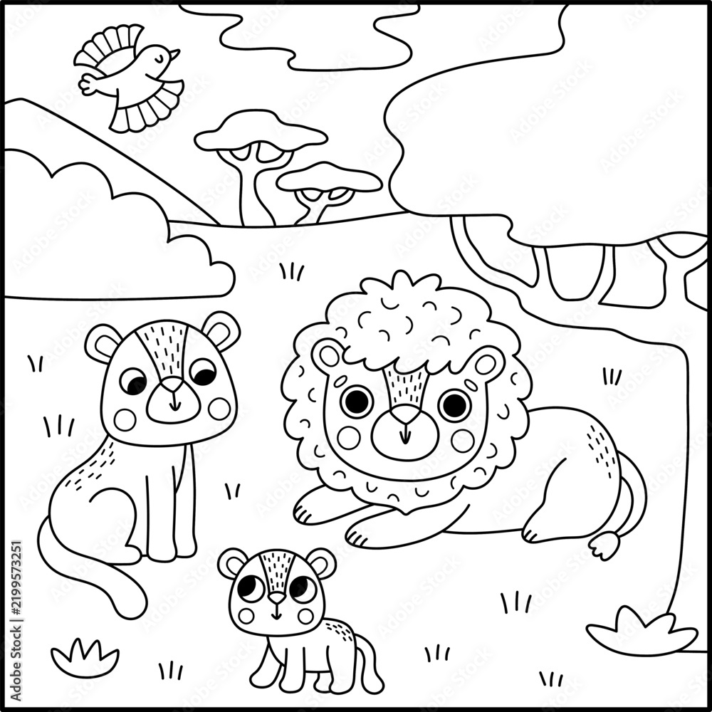 Obraz premium Square cartoon black and white scene with lion, lioness, cub. African savanna background with cartoon animal pride. Safari nature landscape, coloring page for kids. Savannah wildlife scenery