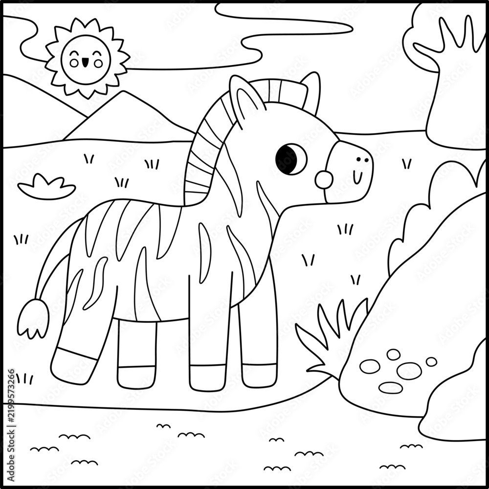 Fototapeta premium Square cartoon black and white scene with zebra, baobab tree, water. African savanna background with line cartoon animal. Safari nature landscape, coloring page for kids. Savannah wildlife scenery