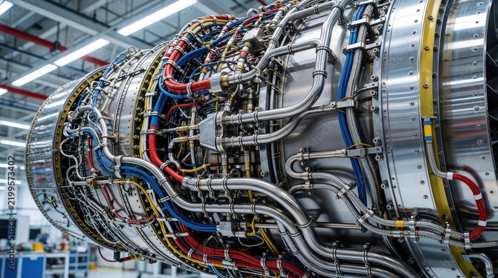 Obraz premium Close up of complex wiring, fuel lines inside jet engine nacelle. Engineers install intricate mechanical components in high tech aerospace plant. Detailed view of metal pipes, colorful cables,