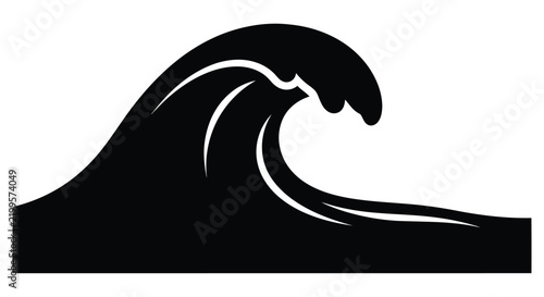 Black silhouette of a breaking ocean wave with curved crest and base