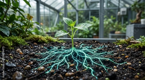 Young seedling with exposed roots growing in soil.