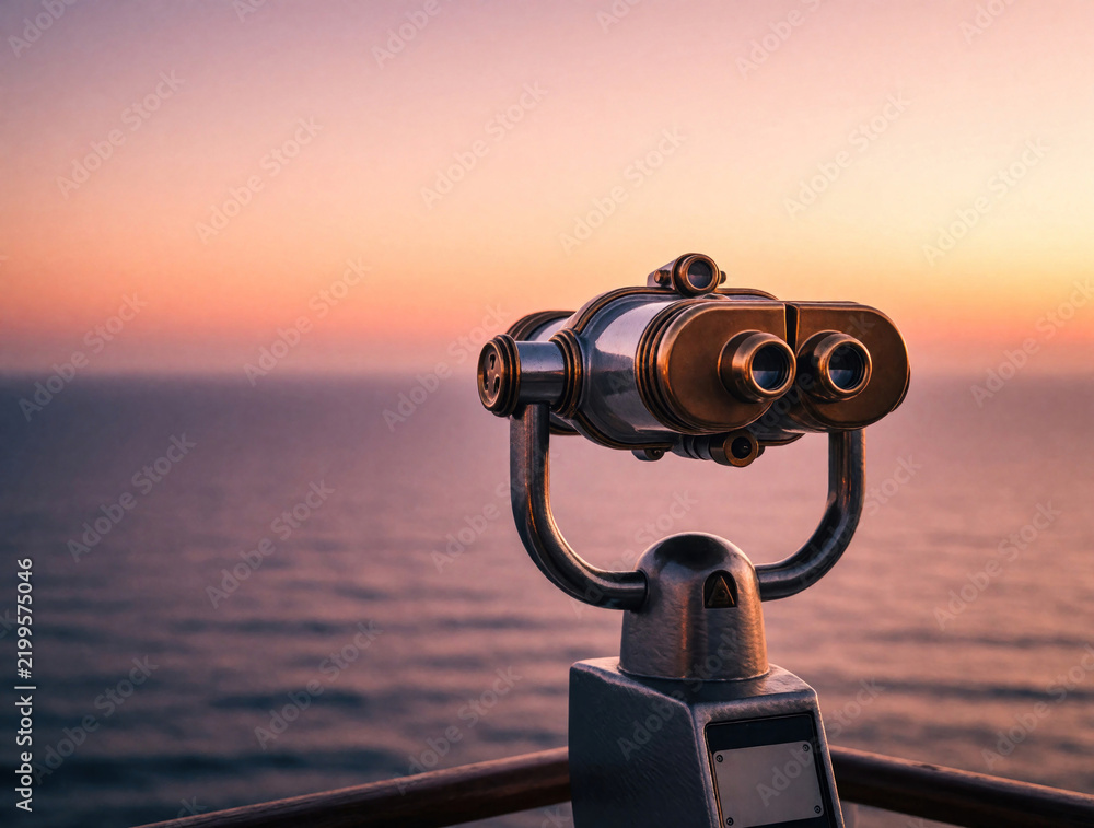 Obraz premium Coin operated binoculars offer distant ocean view at colorful sunset. Explore sea horizon, admire sky gradient from boat deck or viewpoint. Future journeys await.