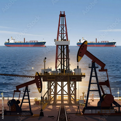 Fashion Illustration Tank Natural. Oil And Gas Industry Silhouettes Depict Offshore Oil Rigs, On-Land Drilling Rigs, Pumpjacks, Barrels, Railroads, And An Oil Refinery. Illustrated In A Unique Style