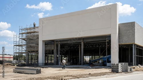 Large commercial building under construction with workers, scaffolding, and unfinished storefront, representing retail development and real estate investment