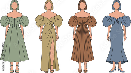 Women Puff Sleeve Midi Dresses Fashion Illustration Set in Earth Tone Colors Vector