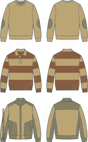 Men Sweatshirt, Striped Rugby Polo and Bomber Jacket Front Back View Fashion Vector