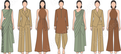 Women Indo-Western Fusion Outfits Saree Drape Blazer Wide Leg Pants Vector Illustration