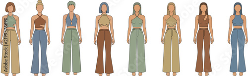 Women Boho Coordinated Sets Crop Top Flared Pants Summer Fashion Vector Illustration
